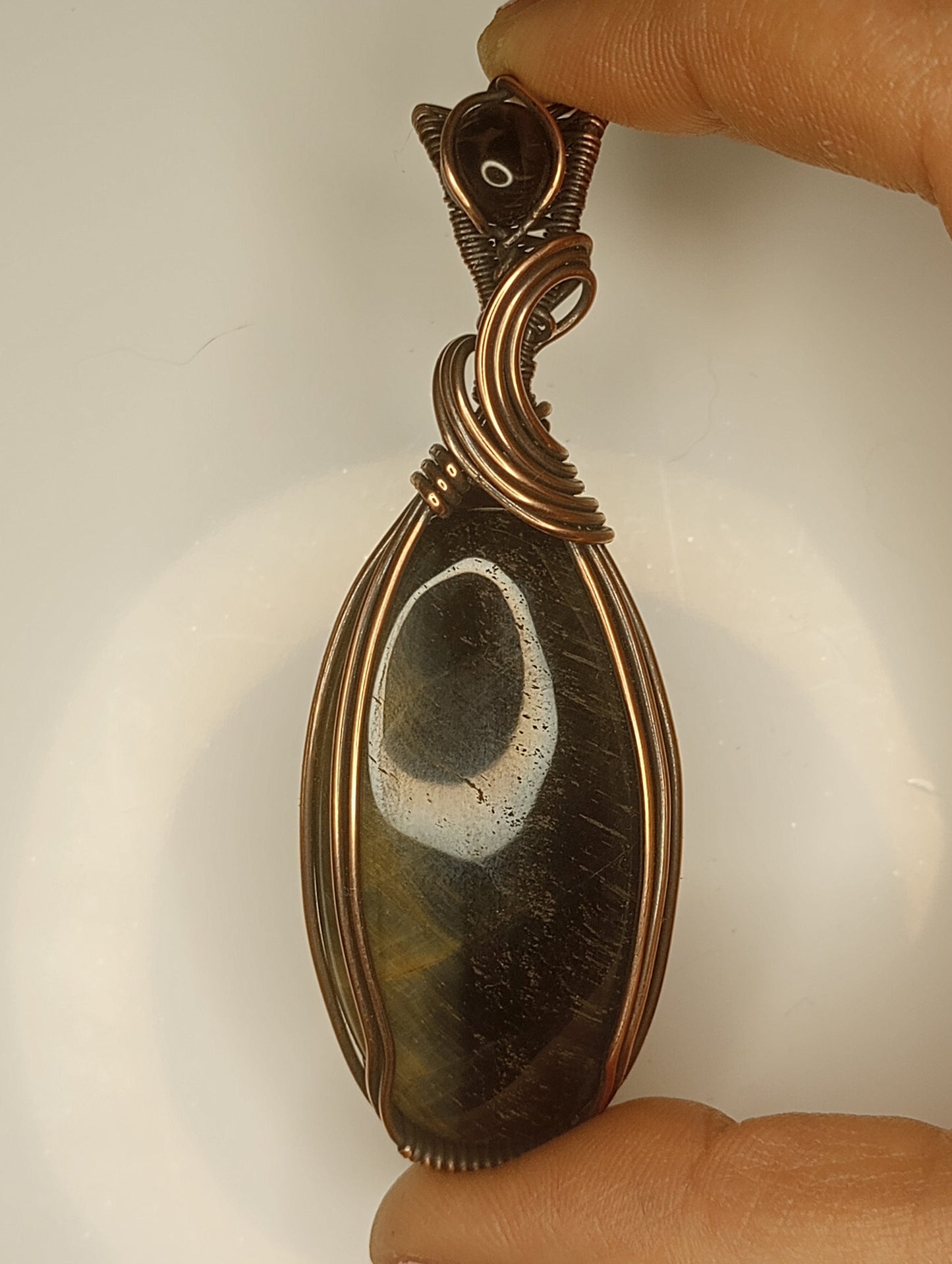 Hawk's Eye Pendant | Copper - Wire Wrapped Handmade Jewelry | Natural Crystal | Boho | 24 inch copper plated chain included