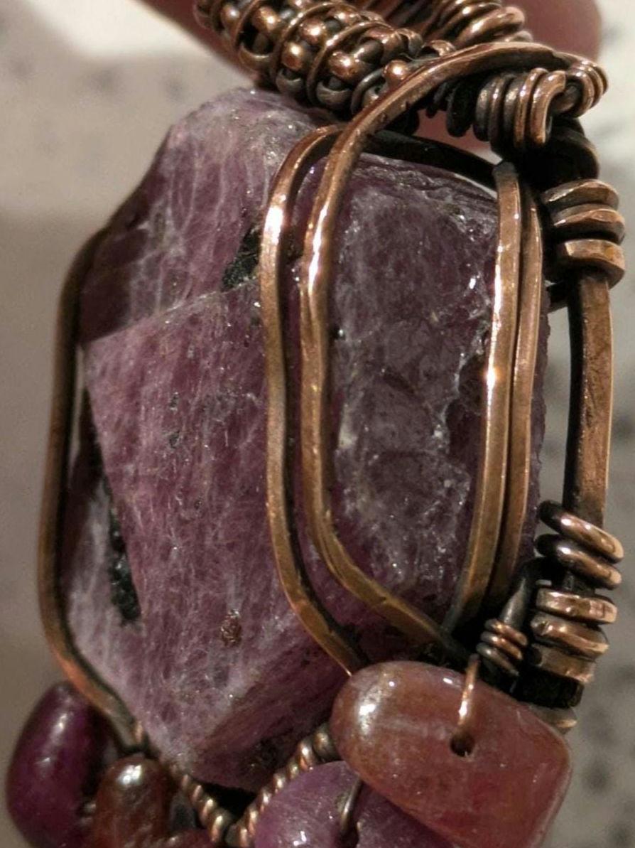Ruby Pendant | Copper - Wire Wrapped Handmade Jewelry | Natural Crystal | Boho | 24 inch copper plated chain included