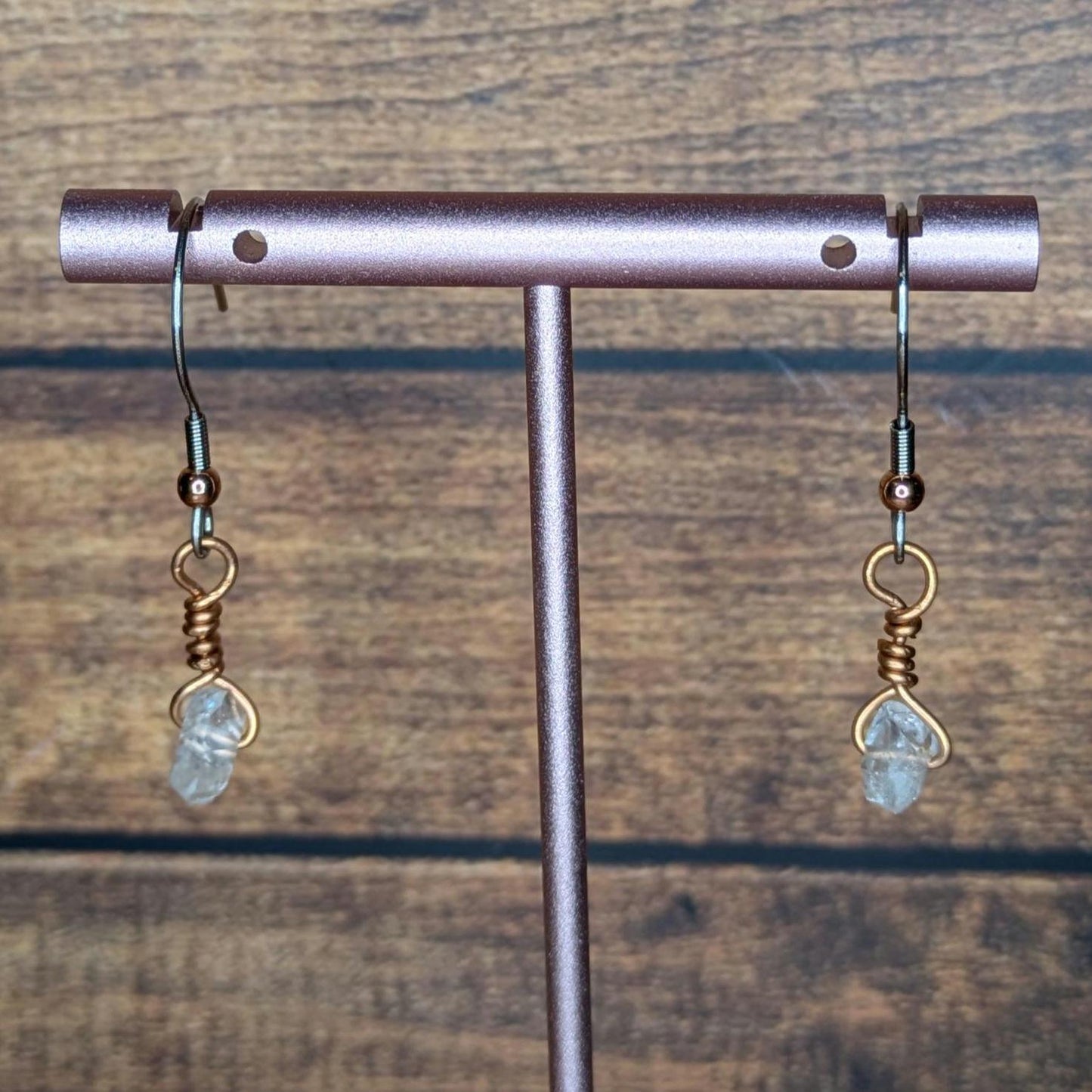 Copper and Natural Stone Earring Pair, with Stainless Steel Ear Wire, "Diamond" quartz