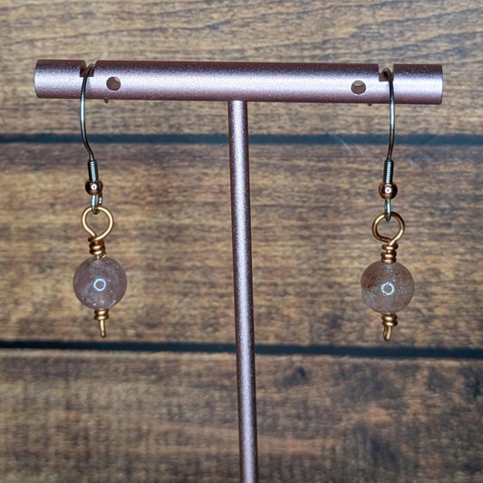 Copper and Natural Stone Earring Pair, with Stainless Steel Ear Wire, Strawberry Quartz