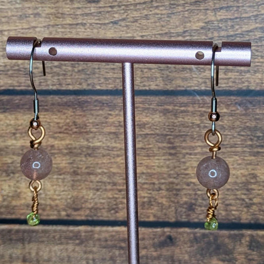 Copper and Natural Stone Earring Pair, with Stainless Steel Ear Wire, Strawberry Quartz & Peridot