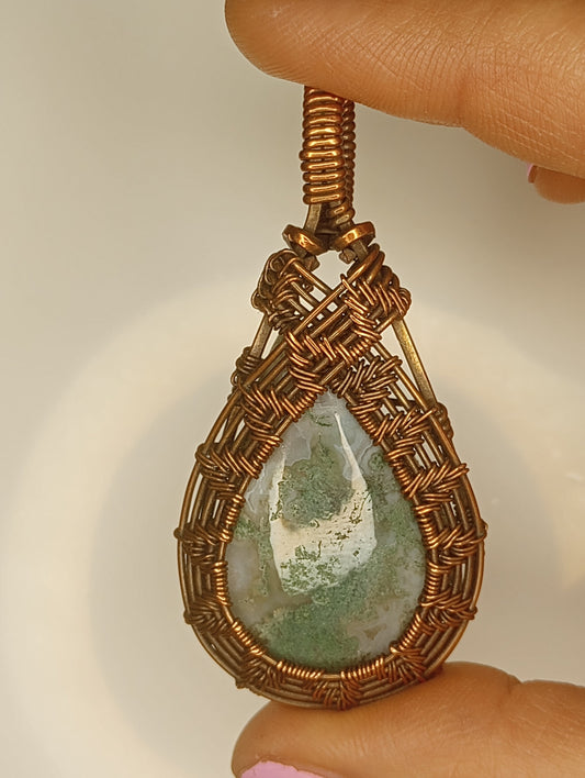Moss Agate Pendant | Copper - Wire Wrapped Handmade Jewelry | Natural Crystal | Boho | 24 inch copper plated chain included