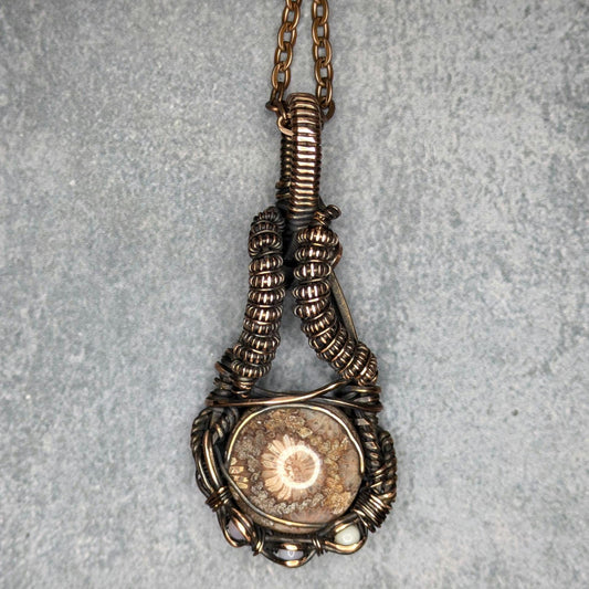 Fossilized Coral & Opal Pendant | Copper - Wire Wrapped Handmade Jewelry | Natural Crystal | Boho | 24 inch copper plated chain included