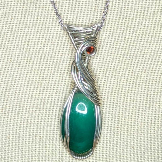 Green Onyx & Garnet Pendant | Sterling Silver - Wire Wrapped Handmade Jewelry | Natural Crystal | 20 inch stainless steel chain included