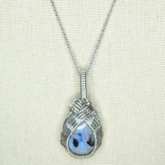 Rainbow Moonstone Pendant | Sterling Silver- Wire Wrapped Handmade Jewelry | Natural Crystal | 20 inch stainless steel chain included