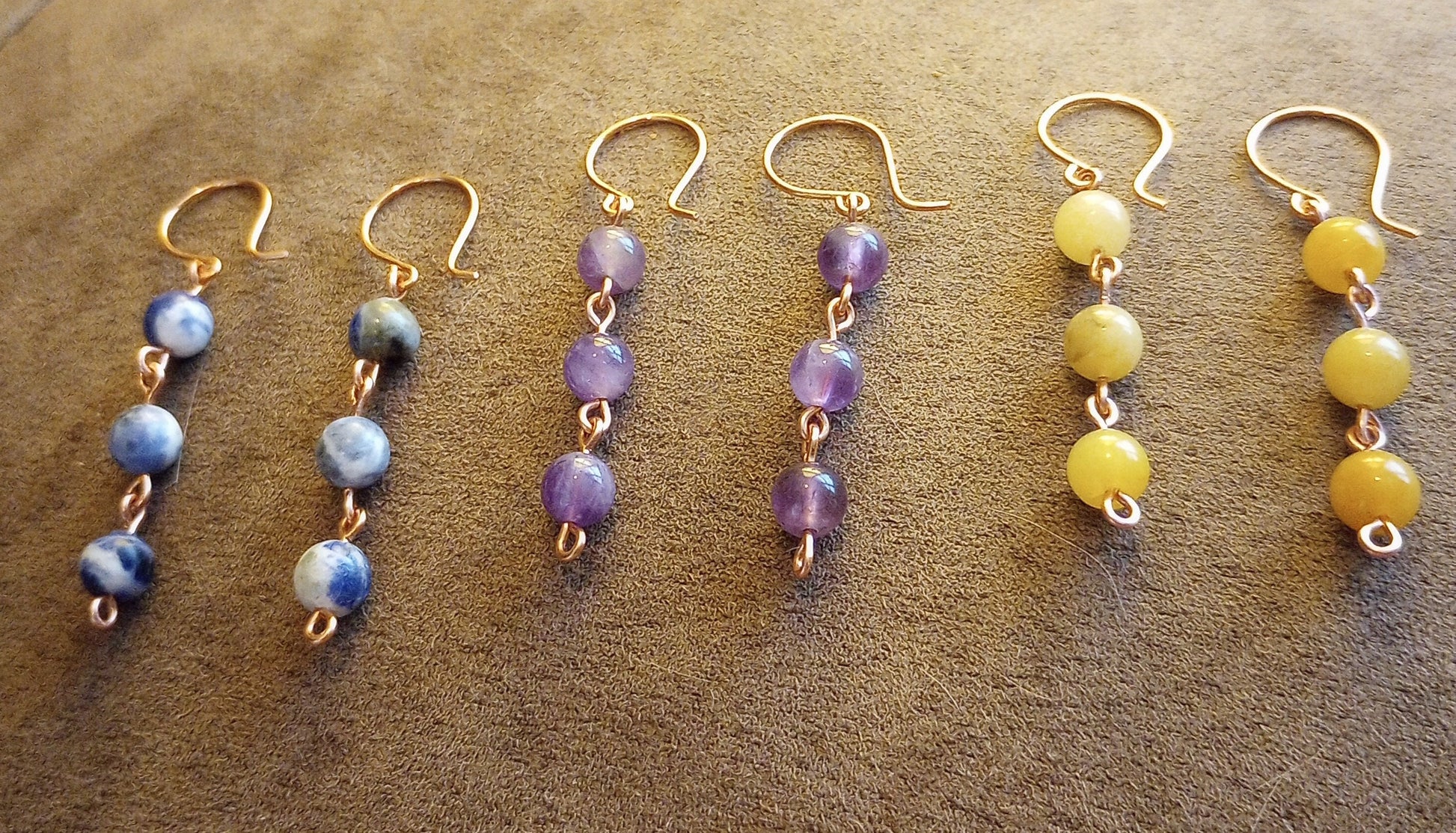 Crystal Drop Earrings, Amethyst, Sodalite, or Quartz, Handmade in Copper