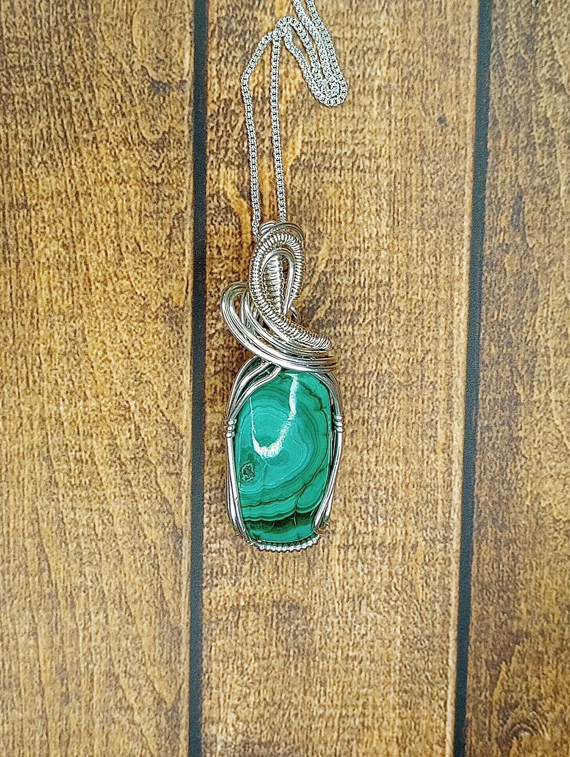 Malachite Pendant | Sterling Silver- Wire Wrapped Handmade Jewelry | Natural Crystal | Boho