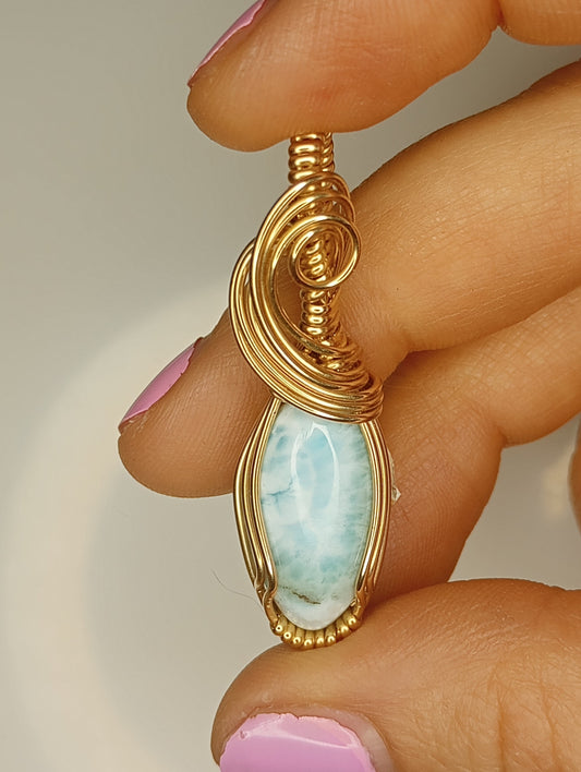 Larimar Pendant | 14kt Gold Fill - Wire Wrapped Handmade Jewelry | Natural Crystal | Boho | 16 inch 14kt Gold Fill chain included