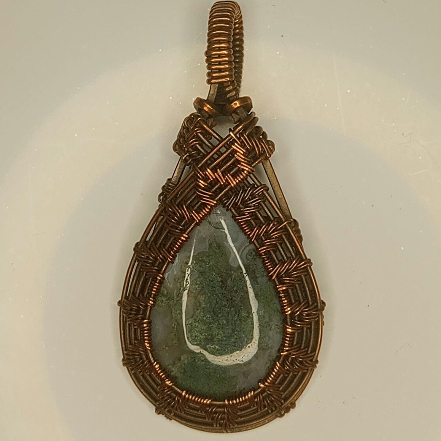 Moss Agate Pendant | Copper - Wire Wrapped Handmade Jewelry | Natural Crystal | Boho | 24 inch copper plated chain included