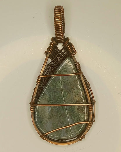 Moss Agate Pendant | Copper - Wire Wrapped Handmade Jewelry | Natural Crystal | Boho | 24 inch copper plated chain included