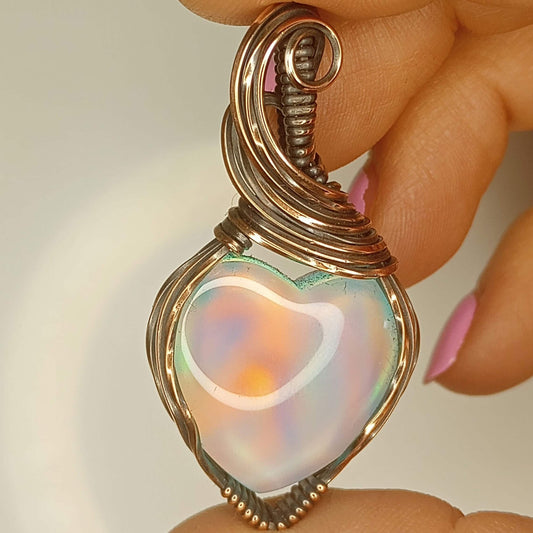 Aurora Opal Pendant | Copper - Wire Wrapped Handmade Jewelry | Boho | 24 inch copper plated chain included