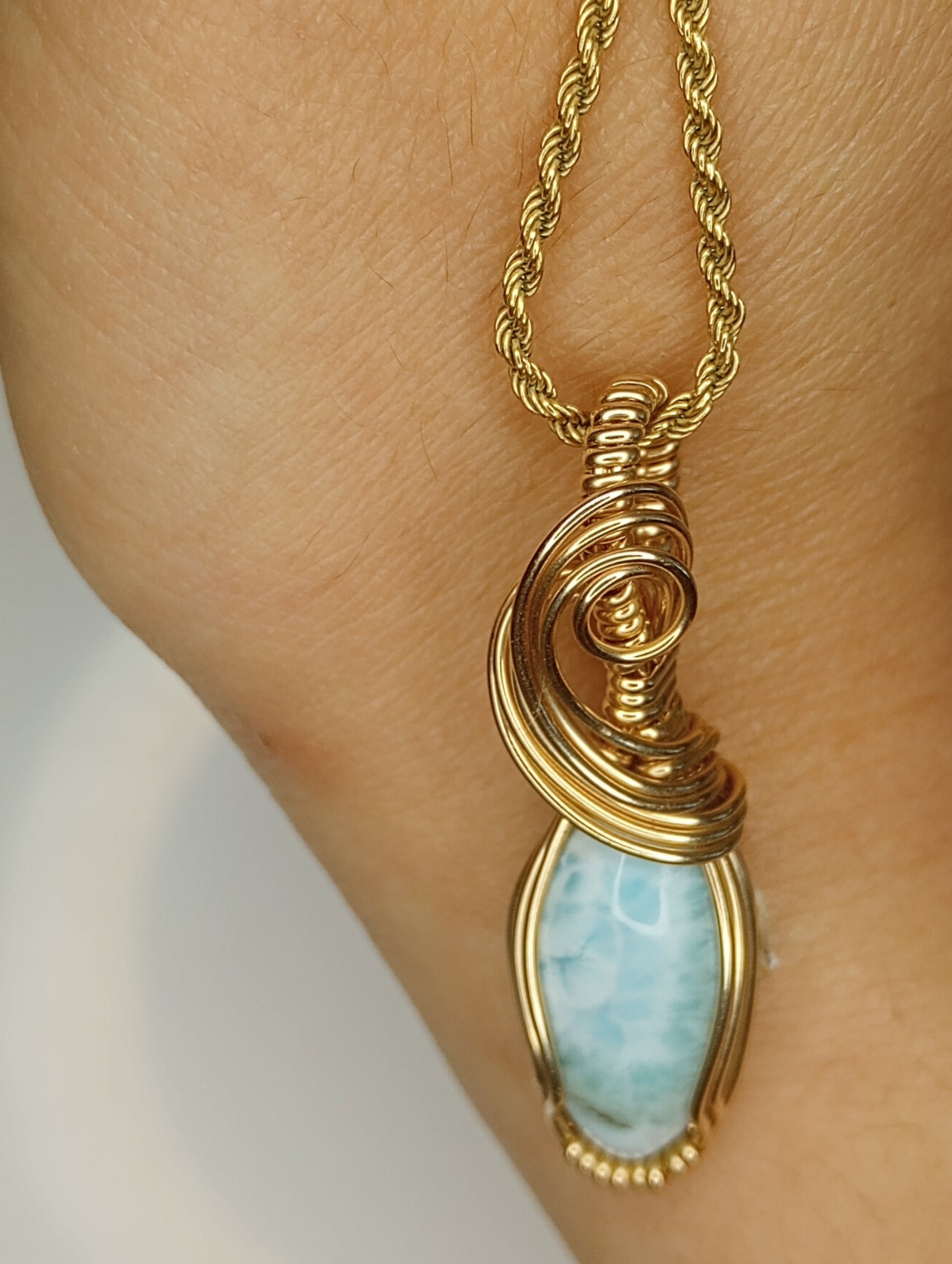 Larimar Pendant | 14kt Gold Fill - Wire Wrapped Handmade Jewelry | Natural Crystal | Boho | 16 inch 14kt Gold Fill chain included