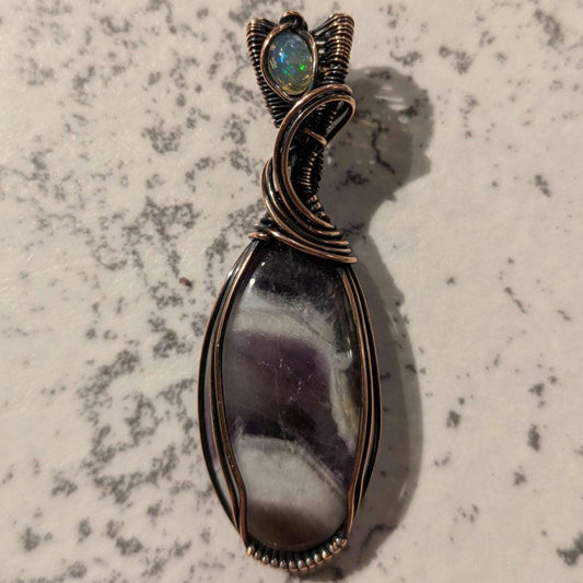 Chevron Amethyst & Opal Pendant | Copper - Wire Wrapped Handmade Jewelry | Natural Crystal | Boho | 24 inch copper plated chain include