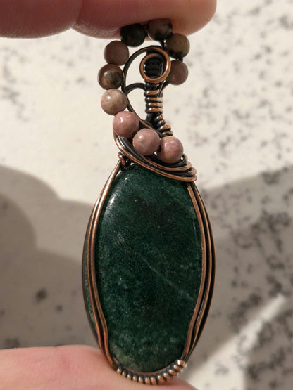 Green Aventurine Pendant | Copper - Wire Wrapped Handmade Jewelry | Natural Crystal | Boho | 24 inch copper plated chain included