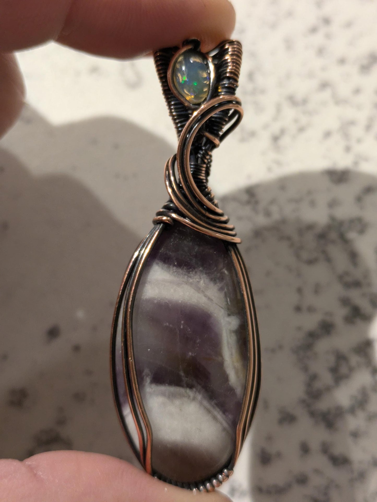 Chevron Amethyst & Opal Pendant | Copper - Wire Wrapped Handmade Jewelry | Natural Crystal | Boho | 24 inch copper plated chain include