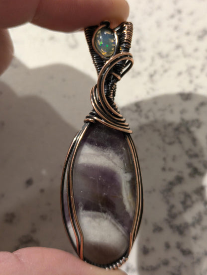 Chevron Amethyst & Opal Pendant | Copper - Wire Wrapped Handmade Jewelry | Natural Crystal | Boho | 24 inch copper plated chain include