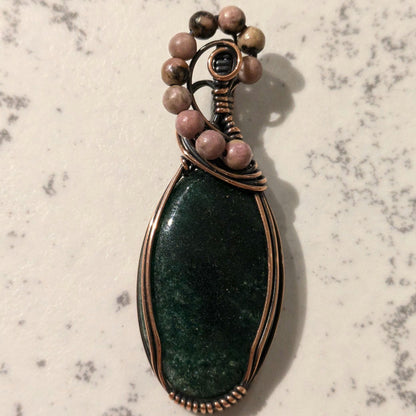 Green Aventurine Pendant | Copper - Wire Wrapped Handmade Jewelry | Natural Crystal | Boho | 24 inch copper plated chain included