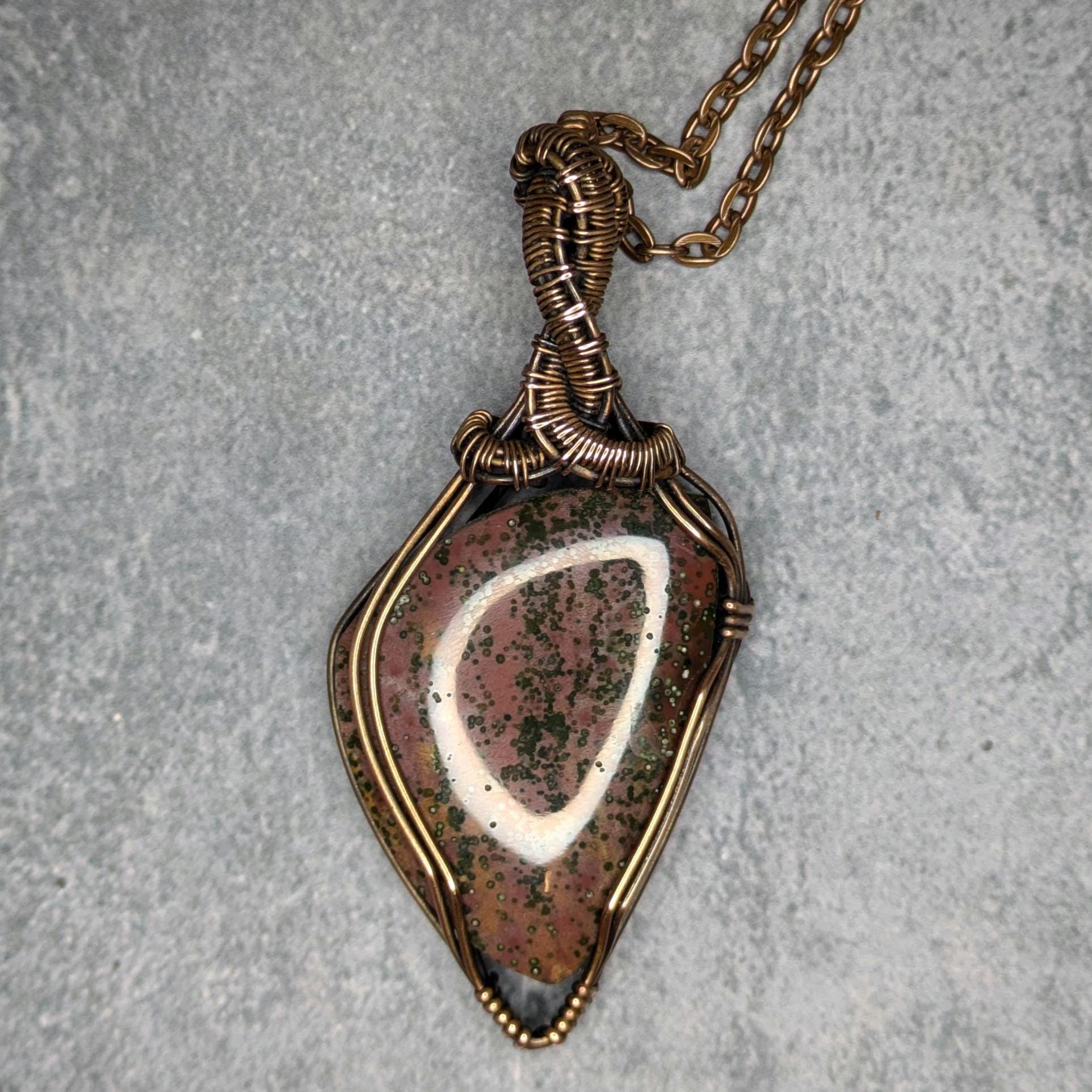 Java River Jasper Pendant | Copper - Wire Wrapped Handmade Jewelry | Natural Crystal | Boho | 24 inch copper plated chain included