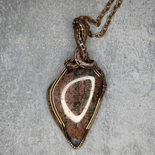 Java River Jasper Pendant | Copper - Wire Wrapped Handmade Jewelry | Natural Crystal | Boho | 24 inch copper plated chain included