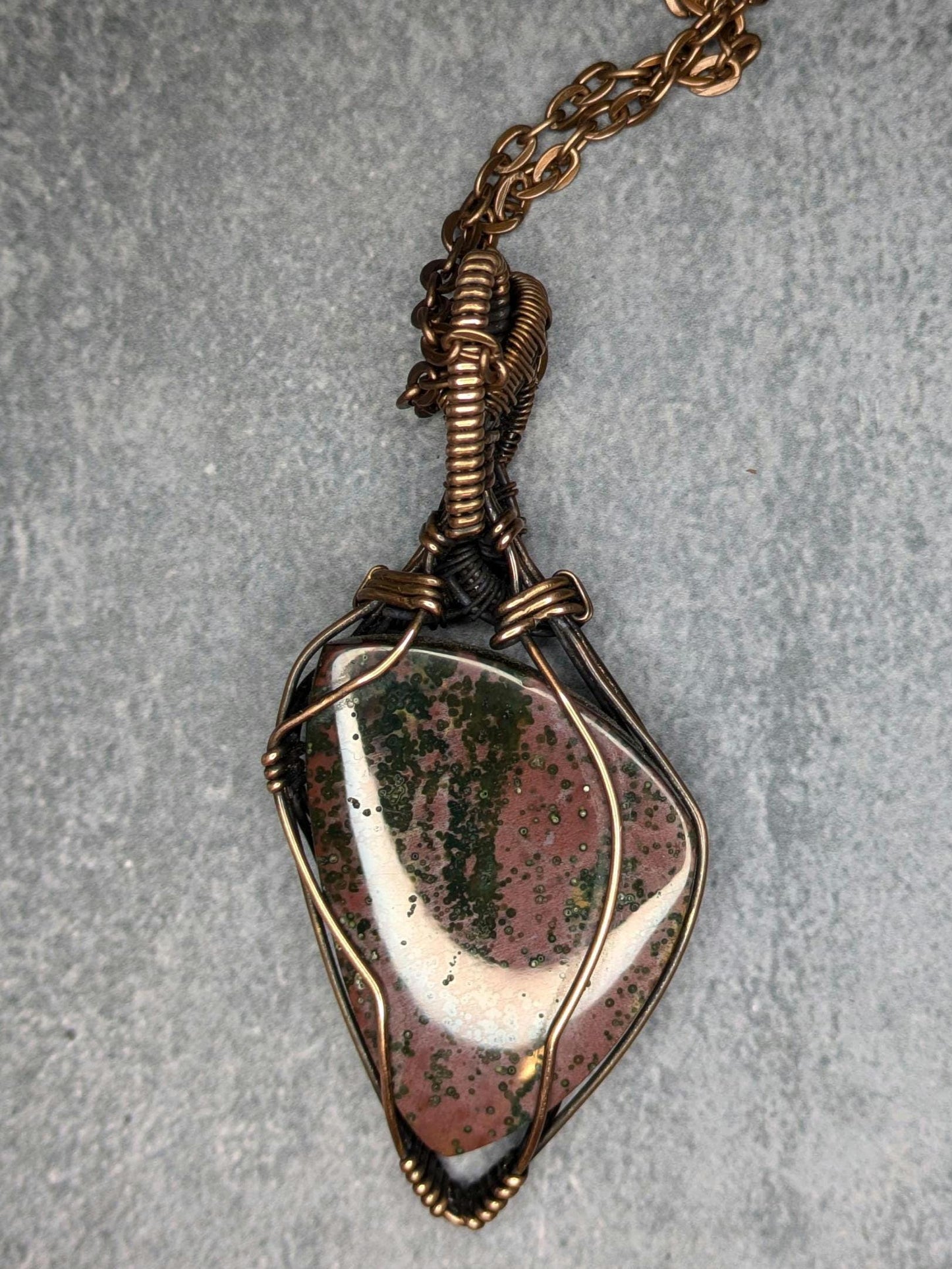 Java River Jasper Pendant | Copper - Wire Wrapped Handmade Jewelry | Natural Crystal | Boho | 24 inch copper plated chain included