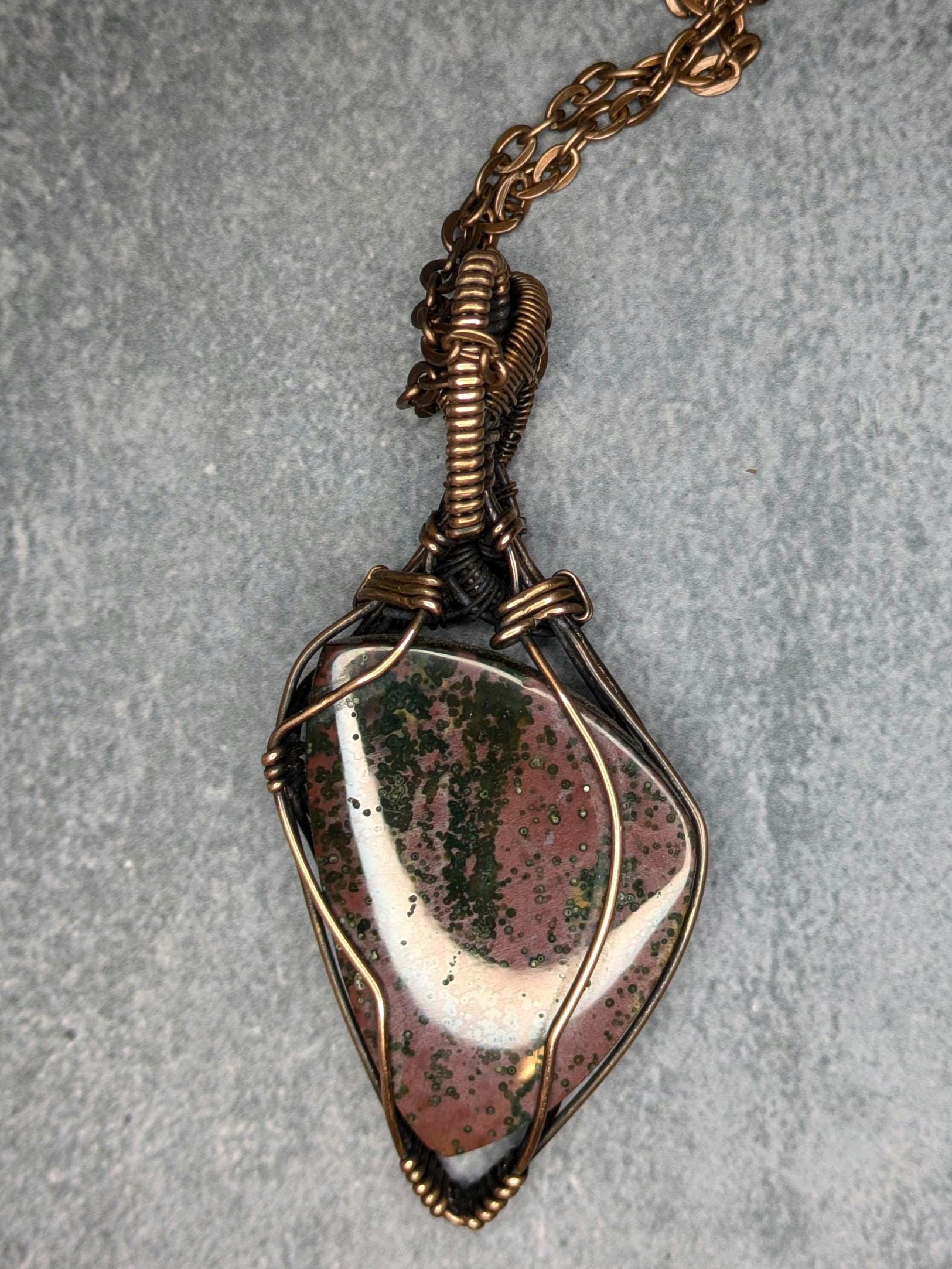 Java River Jasper Pendant | Copper - Wire Wrapped Handmade Jewelry | Natural Crystal | Boho | 24 inch copper plated chain included