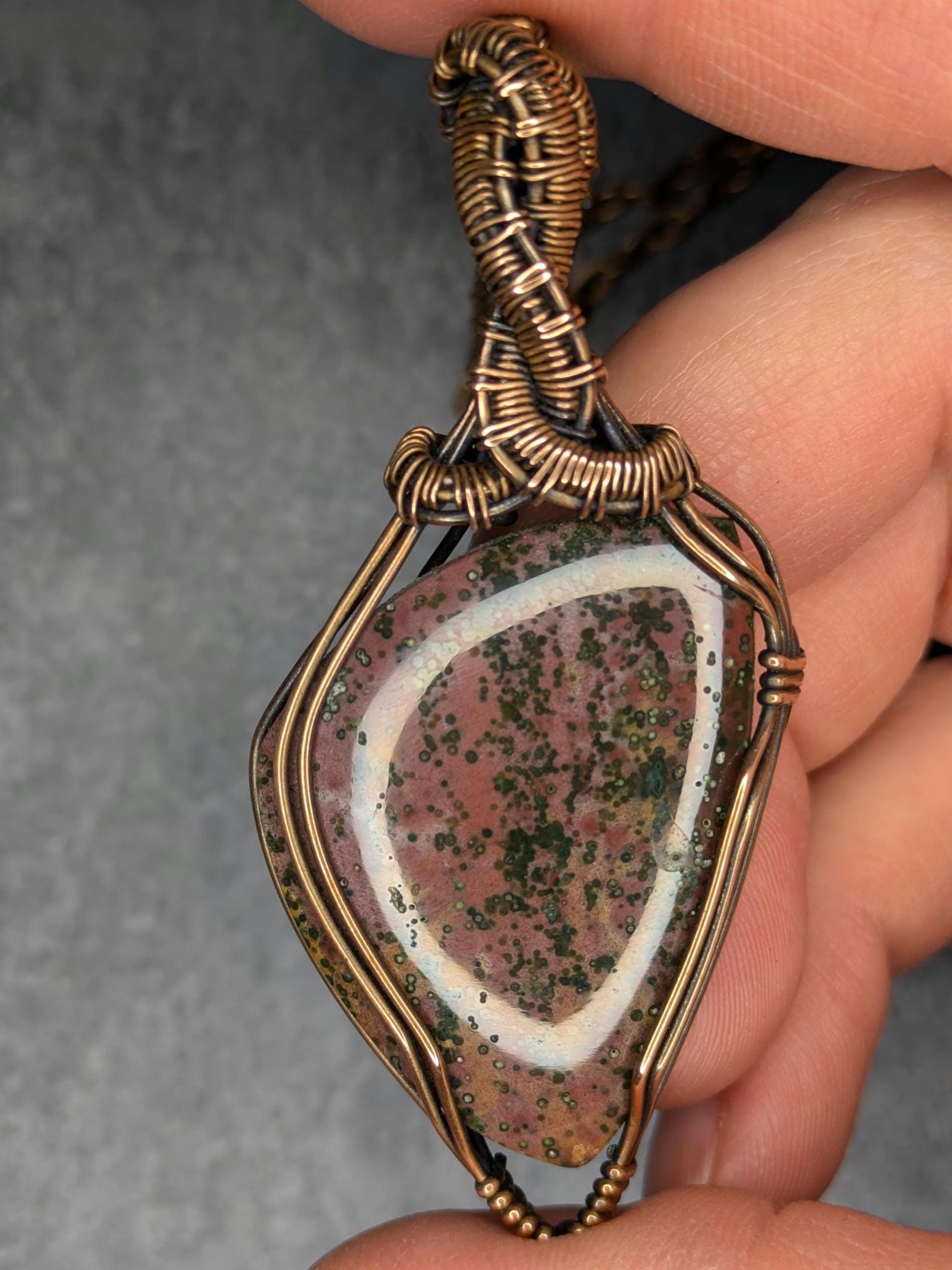 Java River Jasper Pendant | Copper - Wire Wrapped Handmade Jewelry | Natural Crystal | Boho | 24 inch copper plated chain included