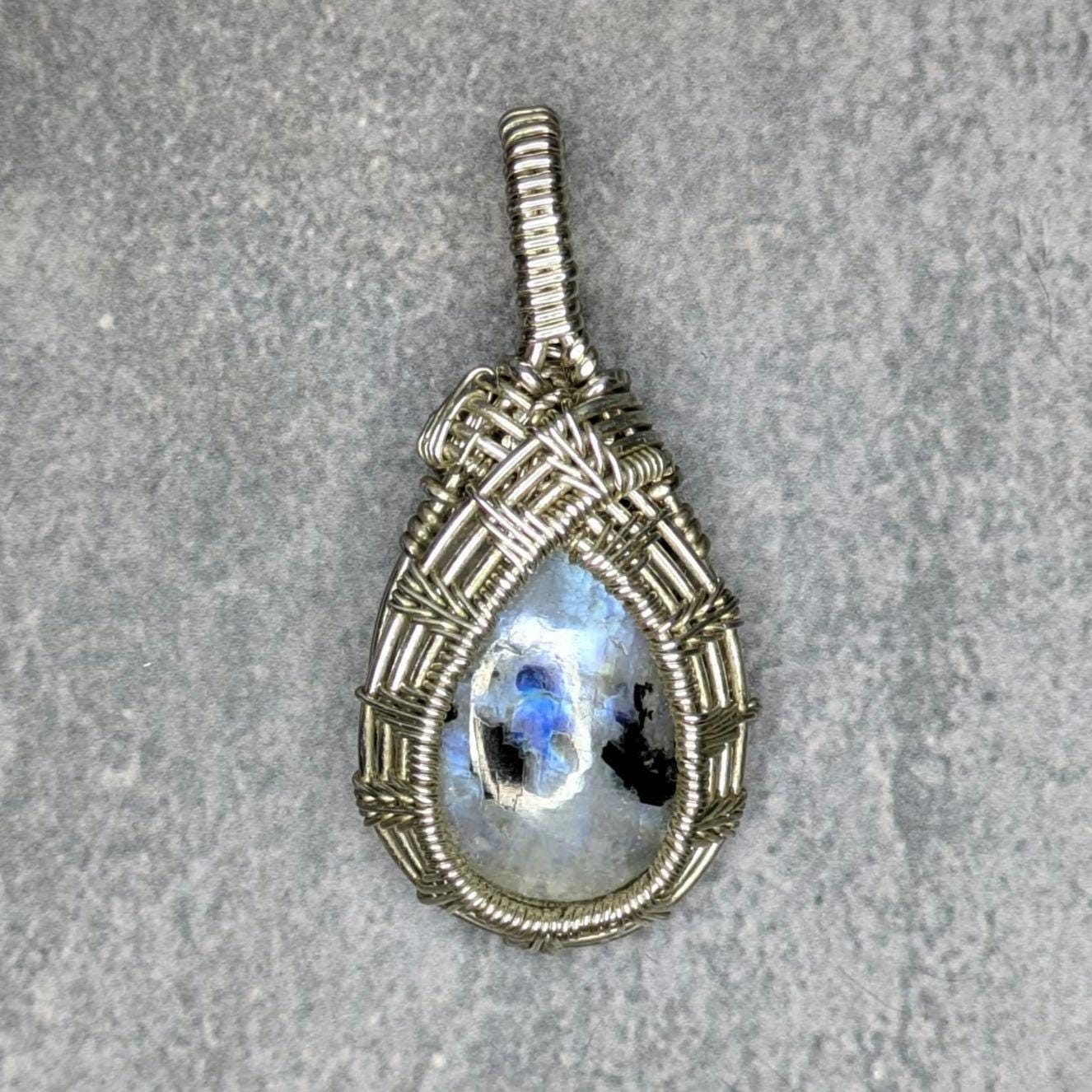 Rainbow Moonstone Pendant | Sterling Silver- Wire Wrapped Handmade Jewelry | Natural Crystal | 20 inch stainless steel chain included
