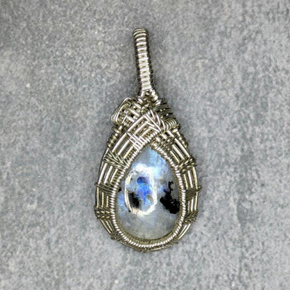 Rainbow Moonstone Pendant | Sterling Silver- Wire Wrapped Handmade Jewelry | Natural Crystal | 20 inch stainless steel chain included