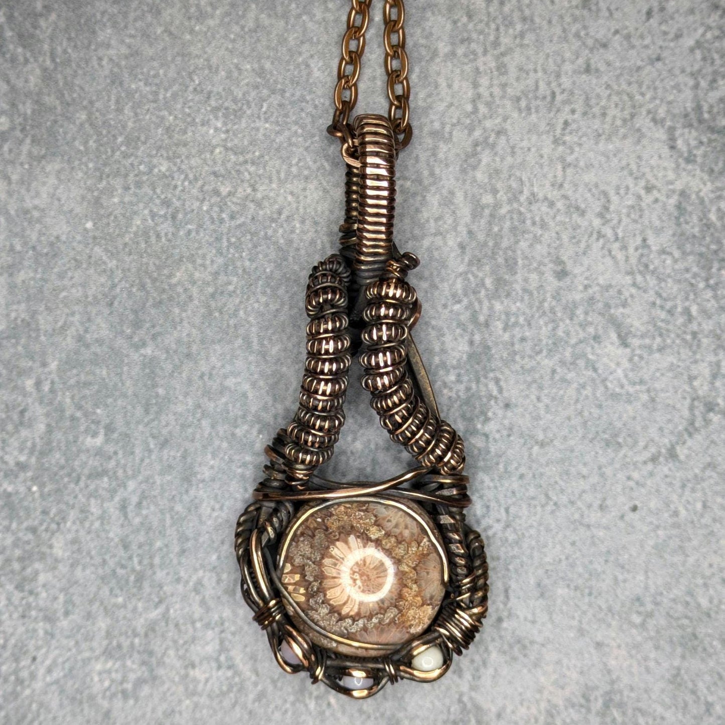 Fossilized Coral & Opal Pendant | Copper - Wire Wrapped Handmade Jewelry | Natural Crystal | Boho | 24 inch copper plated chain included