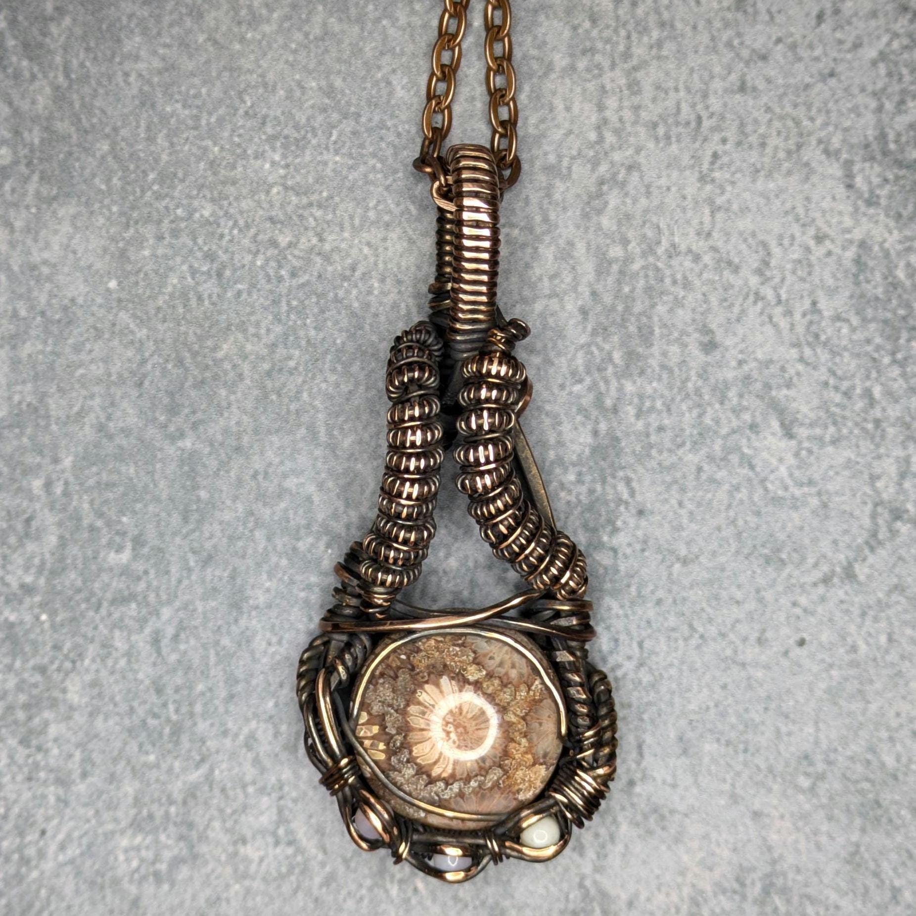 Fossilized Coral & Opal Pendant | Copper - Wire Wrapped Handmade Jewelry | Natural Crystal | Boho | 24 inch copper plated chain included