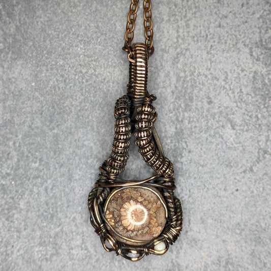 Fossilized Coral & Opal Pendant | Copper - Wire Wrapped Handmade Jewelry | Natural Crystal | Boho | 24 inch copper plated chain included