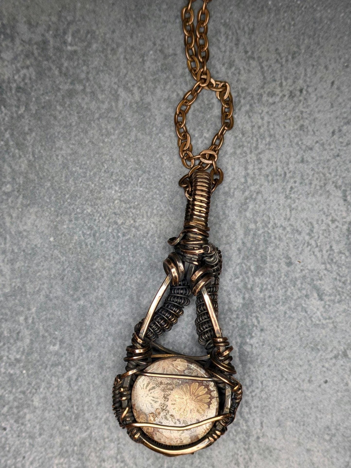 Fossilized Coral & Opal Pendant | Copper - Wire Wrapped Handmade Jewelry | Natural Crystal | Boho | 24 inch copper plated chain included