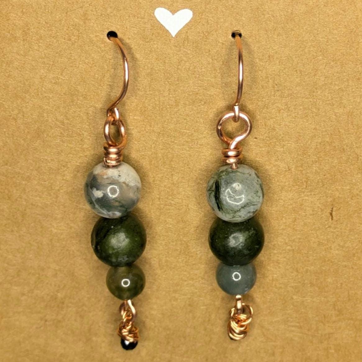 Moss Agate Copper and Natural Stone Earring Pair