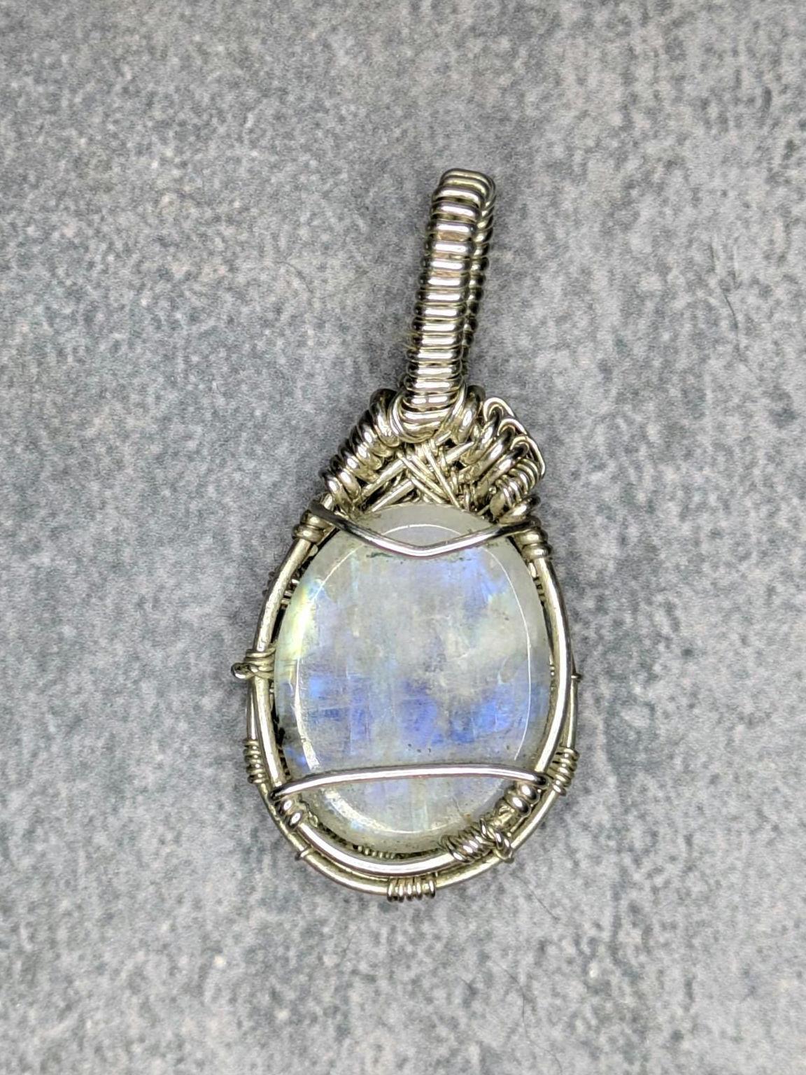 Rainbow Moonstone Pendant | Sterling Silver- Wire Wrapped Handmade Jewelry | Natural Crystal | 20 inch stainless steel chain included