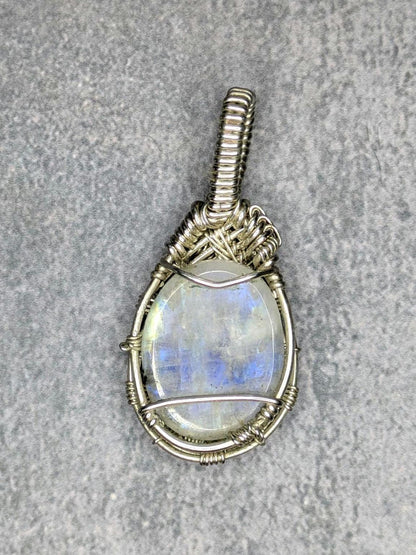 Rainbow Moonstone Pendant | Sterling Silver- Wire Wrapped Handmade Jewelry | Natural Crystal | 20 inch stainless steel chain included