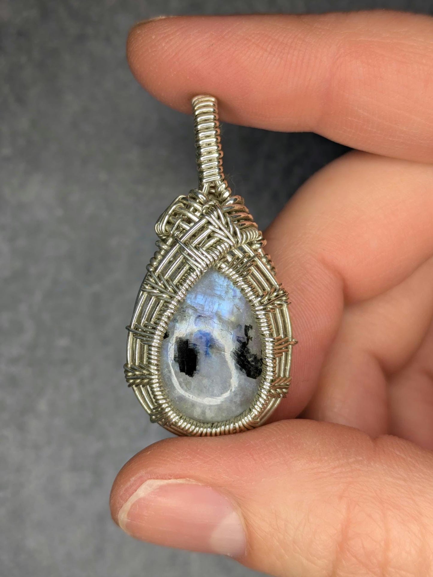 Rainbow Moonstone Pendant | Sterling Silver- Wire Wrapped Handmade Jewelry | Natural Crystal | 20 inch stainless steel chain included