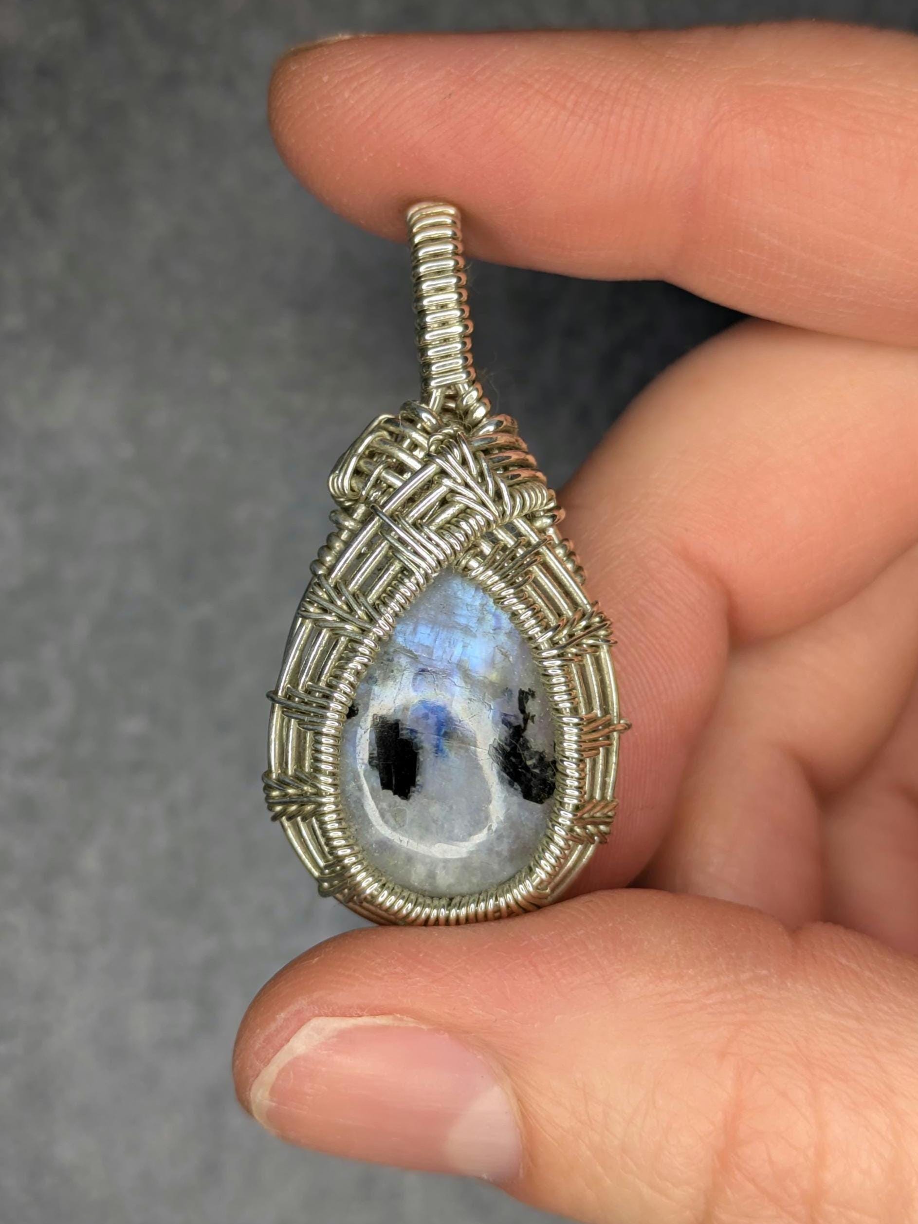 Rainbow Moonstone Pendant | Sterling Silver- Wire Wrapped Handmade Jewelry | Natural Crystal | 20 inch stainless steel chain included