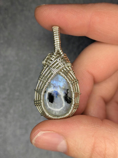Rainbow Moonstone Pendant | Sterling Silver- Wire Wrapped Handmade Jewelry | Natural Crystal | 20 inch stainless steel chain included