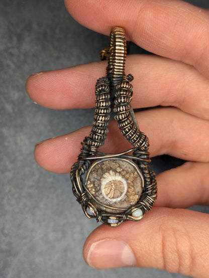 Fossilized Coral & Opal Pendant | Copper - Wire Wrapped Handmade Jewelry | Natural Crystal | Boho | 24 inch copper plated chain included