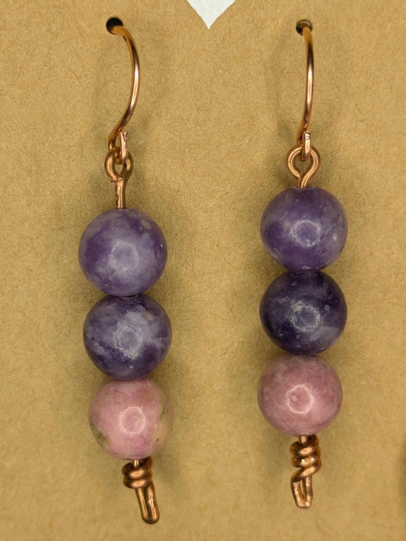 Lepidolite & Rhodonite Copper and Natural Stone Earring Pair