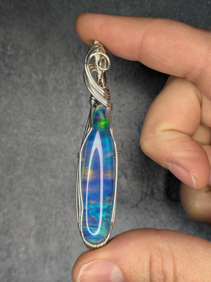Aurora Opal Pendant | Sterling Silver - Wire Wrapped Handmade Jewelry | 20 inch stainless steel chain included