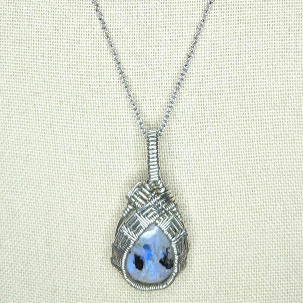 Rainbow Moonstone Pendant | Sterling Silver- Wire Wrapped Handmade Jewelry | Natural Crystal | 20 inch stainless steel chain included
