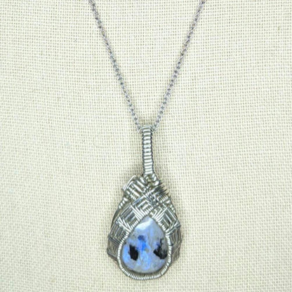 Rainbow Moonstone Pendant | Sterling Silver- Wire Wrapped Handmade Jewelry | Natural Crystal | 20 inch stainless steel chain included