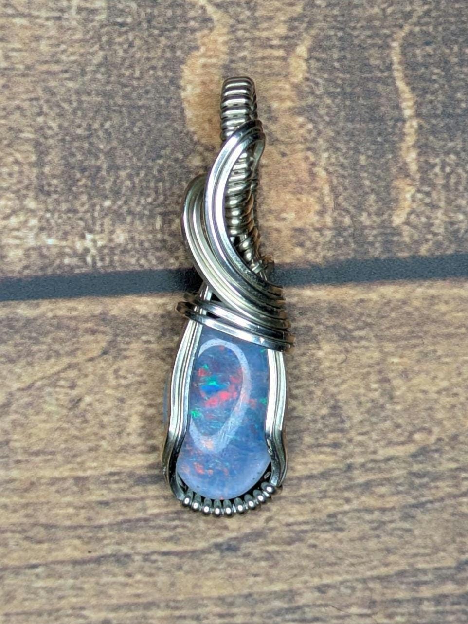 Australian Opal Triplet Pendant | Sterling Silver - Wire Wrapped Handmade Jewelry | Natural Crystal | 20 inch stainless steel chain included