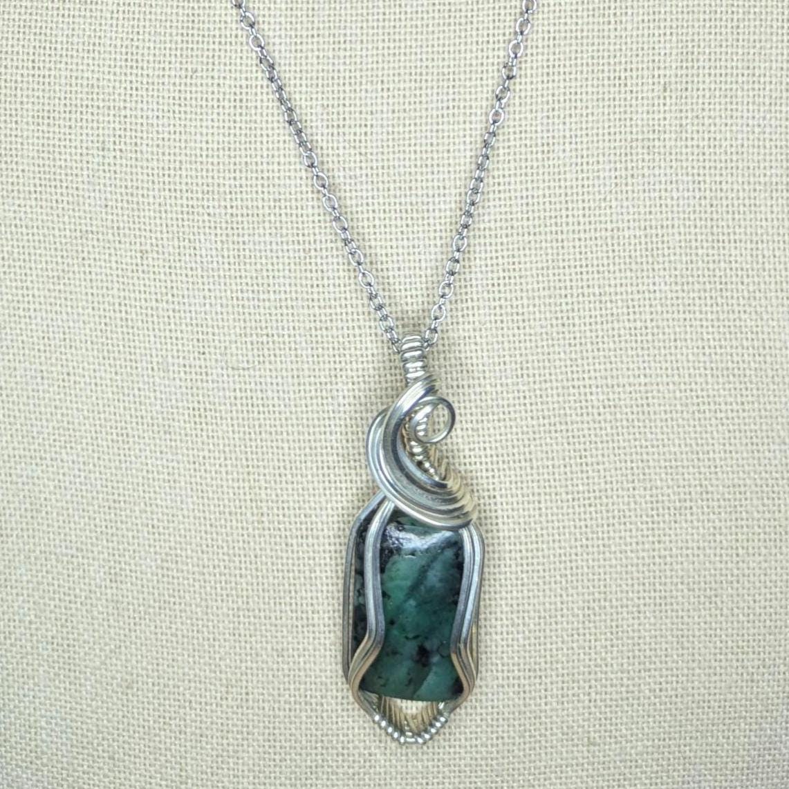 Emerald Biotite Pendant | Sterling Silver - Wire Wrapped Handmade Jewelry | Natural Crystal | 20 inch stainless steel chain included