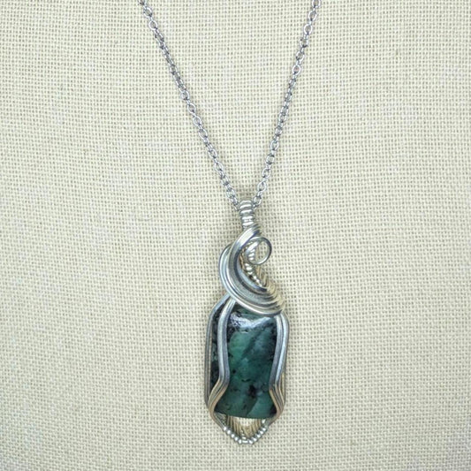 Emerald Biotite Pendant | Sterling Silver - Wire Wrapped Handmade Jewelry | Natural Crystal | 20 inch stainless steel chain included