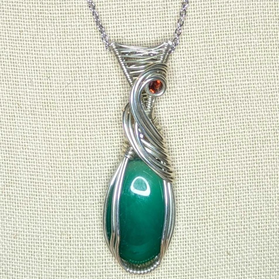 Green Onyx & Garnet Pendant | Sterling Silver - Wire Wrapped Handmade Jewelry | Natural Crystal | 20 inch stainless steel chain included