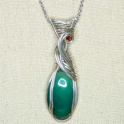 Green Onyx & Garnet Pendant | Sterling Silver - Wire Wrapped Handmade Jewelry | Natural Crystal | 20 inch stainless steel chain included