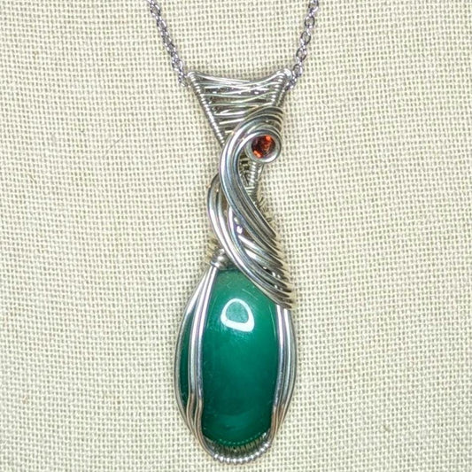 Green Onyx & Garnet Pendant | Sterling Silver - Wire Wrapped Handmade Jewelry | Natural Crystal | 20 inch stainless steel chain included