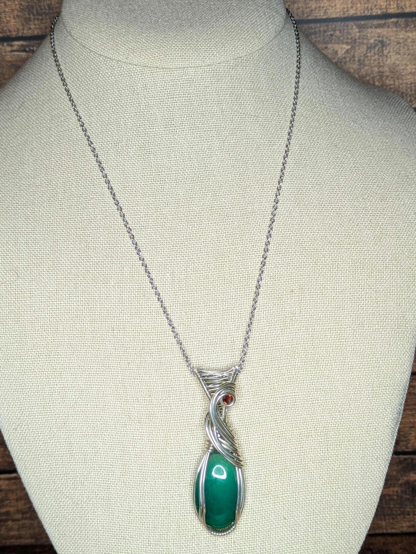 Green Onyx & Garnet Pendant | Sterling Silver - Wire Wrapped Handmade Jewelry | Natural Crystal | 20 inch stainless steel chain included